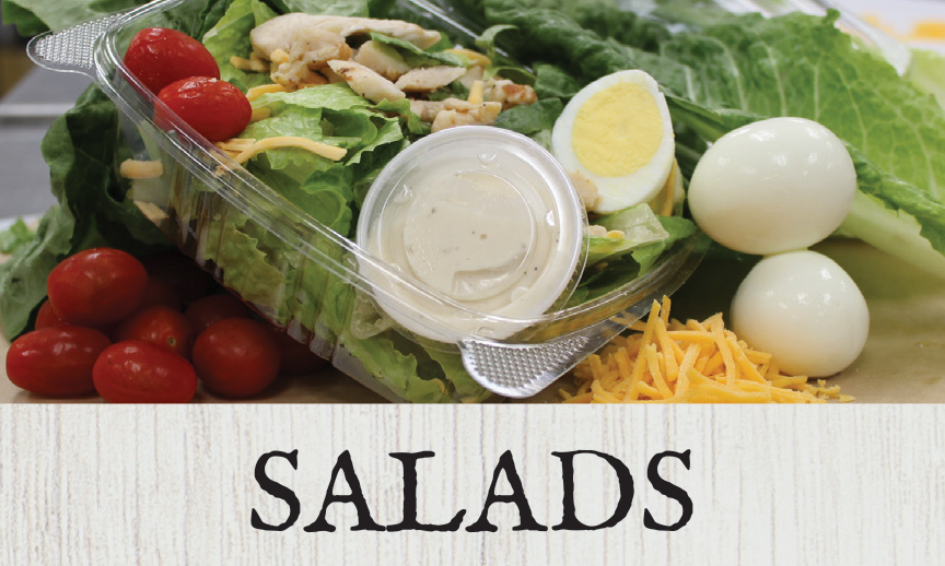 A clear plastic container with a salad consisting of lettuce, cherry tomatoes, shredded cheese, sliced chicken, a halved boiled egg, and a small container of salad dressing, accompanied by additional cherry tomatoes, whole boiled eggs, shredded cheese, and romaine lettuce leaves. The word 'Salads' is written below the image.