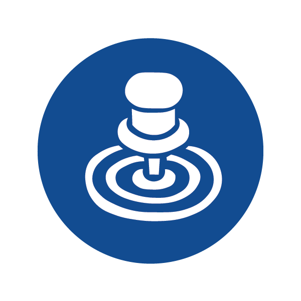 Icon of a game controller with a thumbstick and concentric circles underneath, set against a blue circular background.
