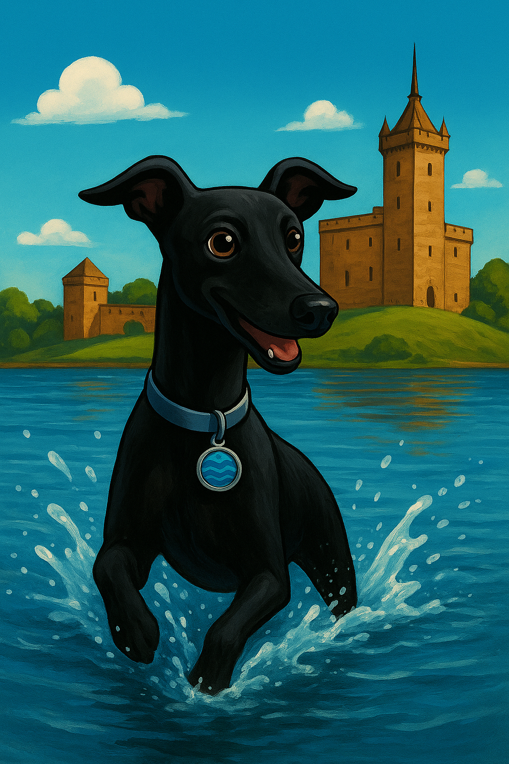 A cartoon image of a black dog splashing through water
