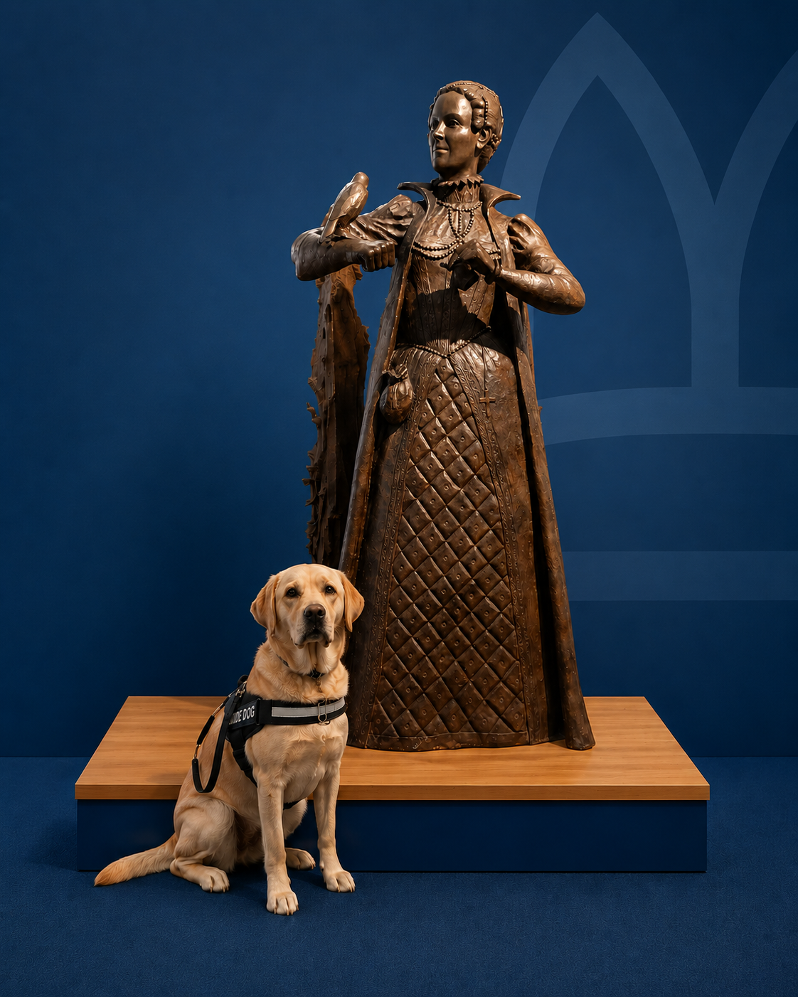 A labrador guide dog in front of the Mary Queen of Scots statue