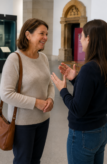 Museum visitor wearing a hearing aid talking with another person