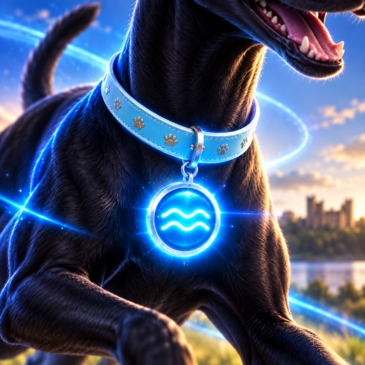 A close up view of BB's time travelling collar with a tag that has two wavy lines on it