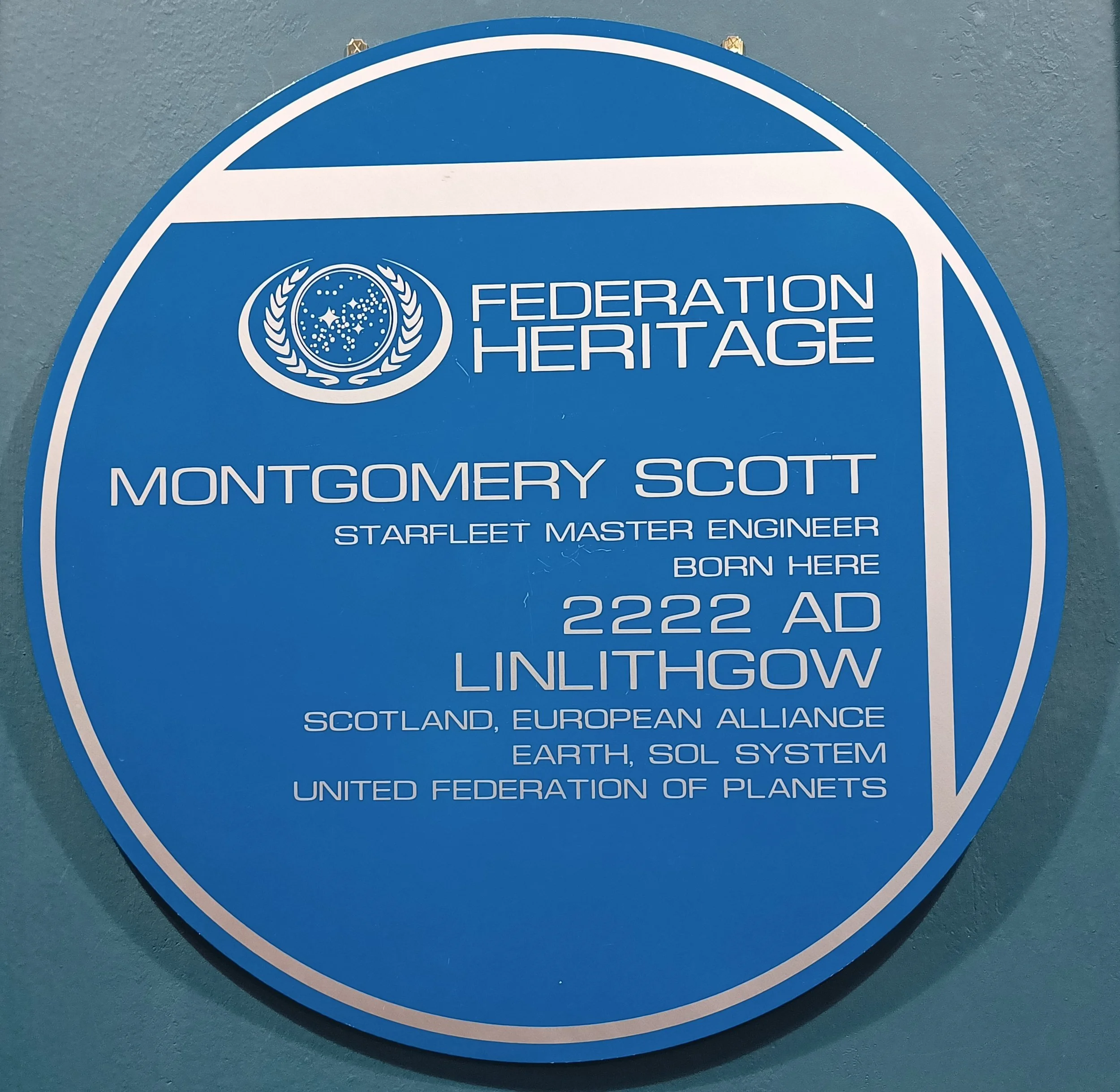 Blue plaque commemorating Star Trek's Scotty, born in Linlithgow in 2222