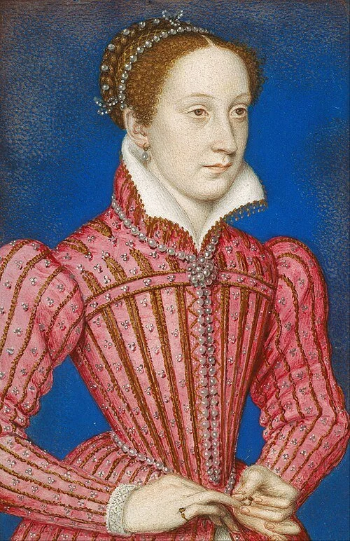 Portrait of Mary, Queen of Scots wearing a red embroidered gown and white ruff