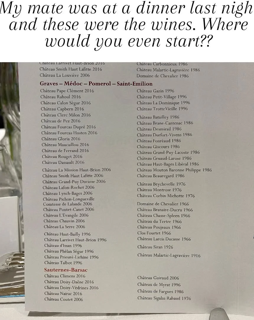 An unbelievable selection for a dinner held in Bordeaux last night.  I'd start with Domaine Chevalier 1966 and finish with De Farges 86 and in-between.... .?