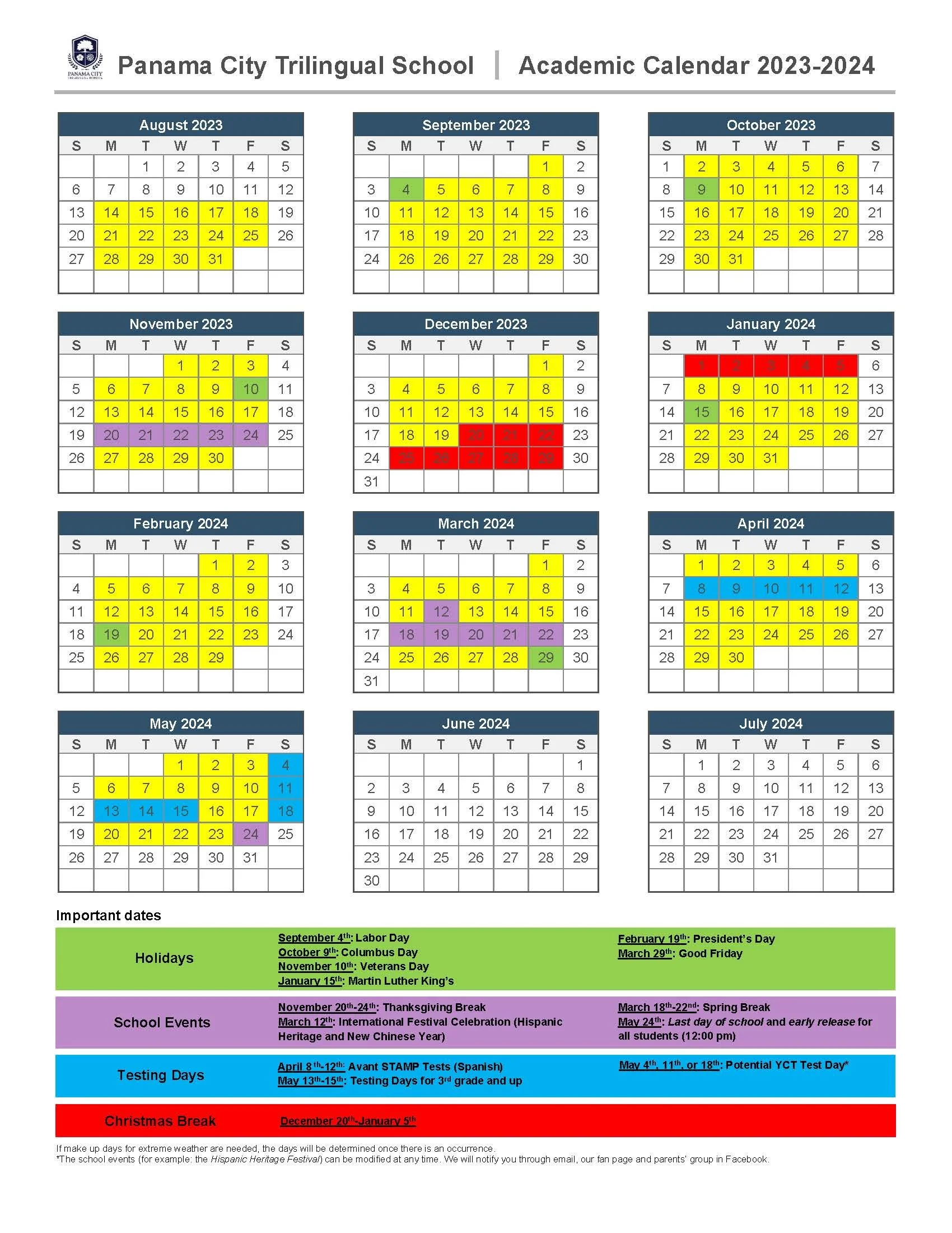 Academic Calendar 2023/24 — PANAMA CITY TRILINGUAL SCHOOL