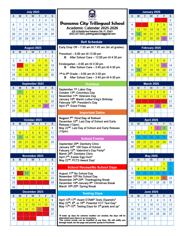 Academic Calendar 2025/26 — PANAMA CITY TRILINGUAL SCHOOL