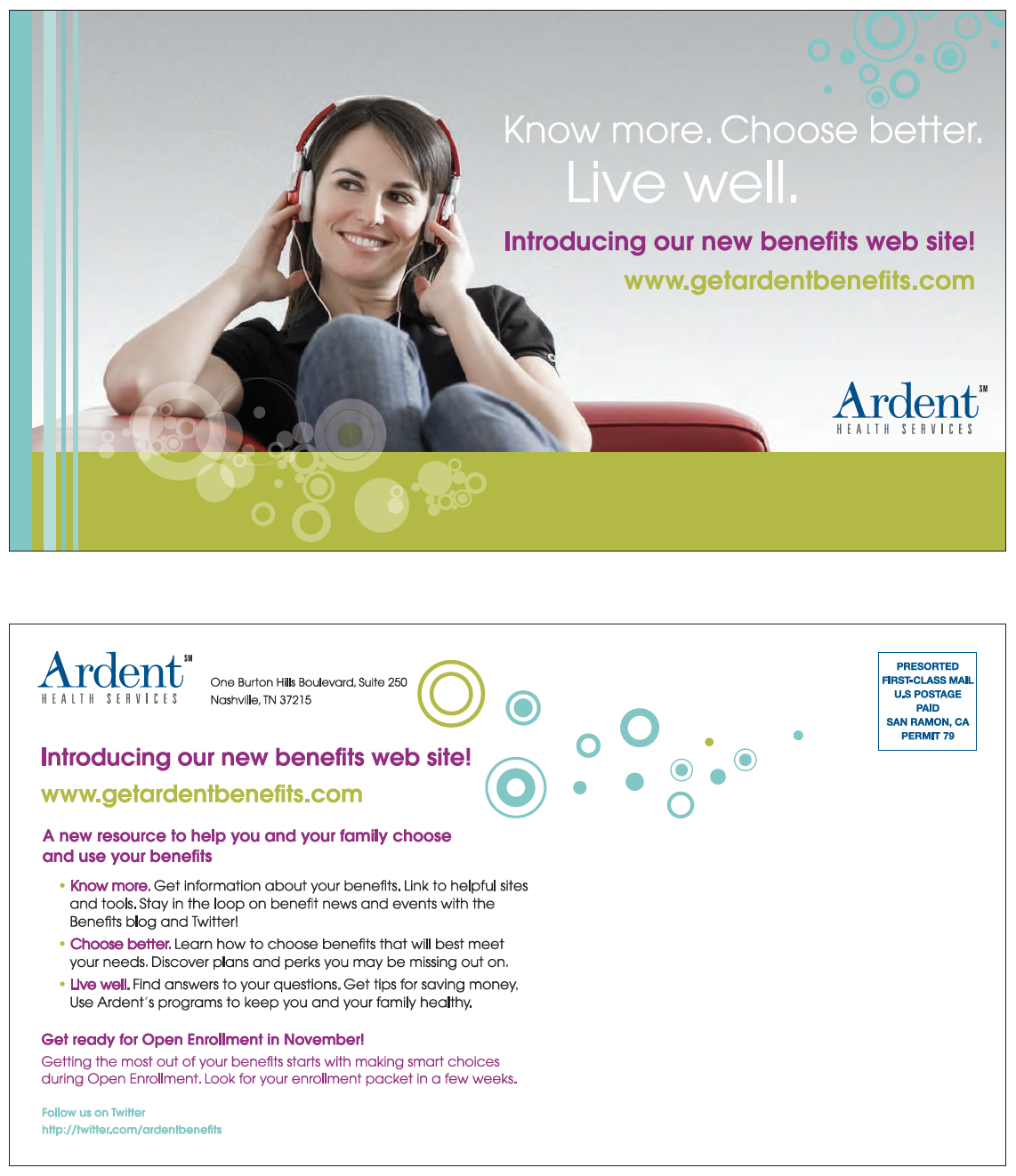  Developed branding/look and feel and design/layout for a brochure, poster and postcard for Ardent Health 