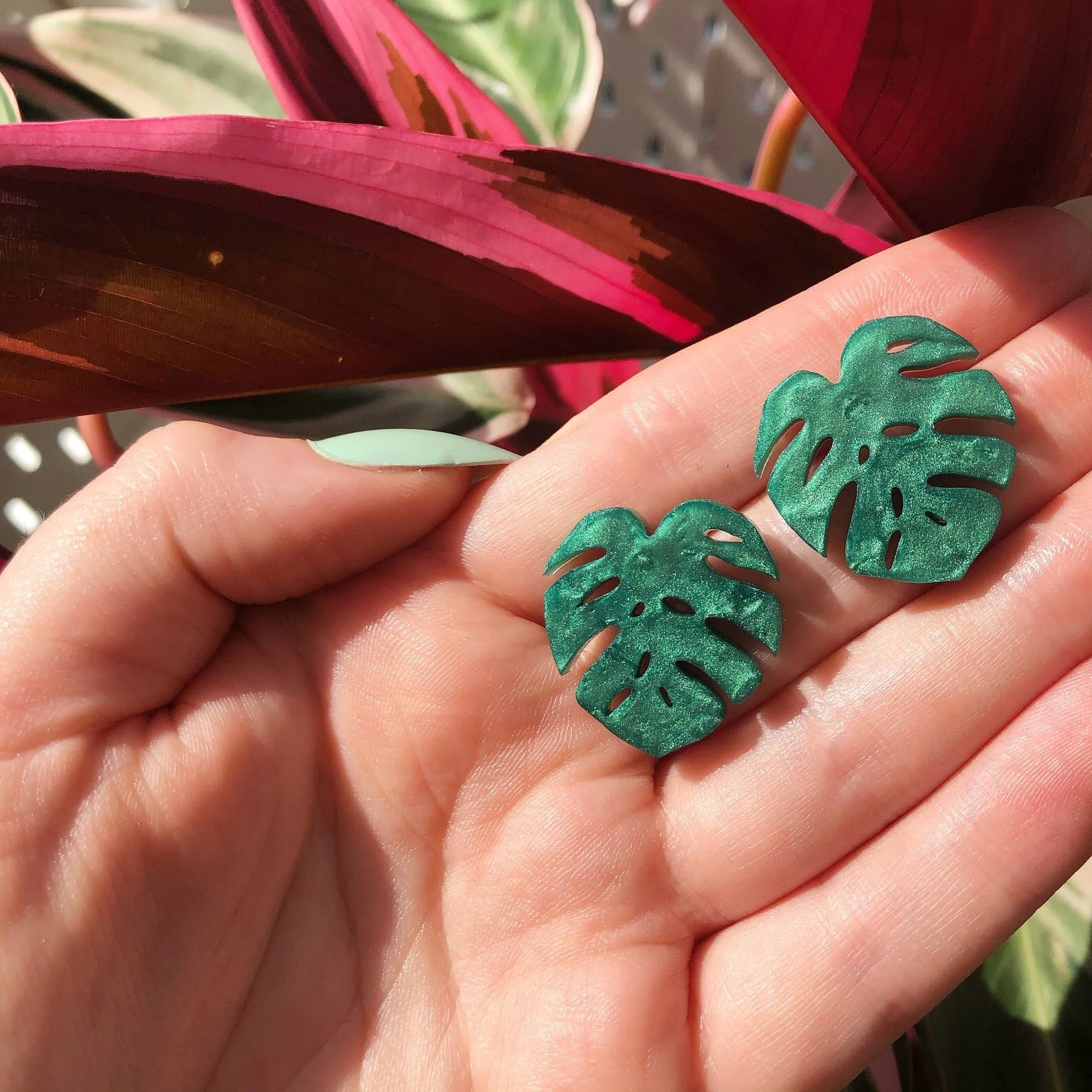 Emerald Green Monstera Leaf Stud Earrings