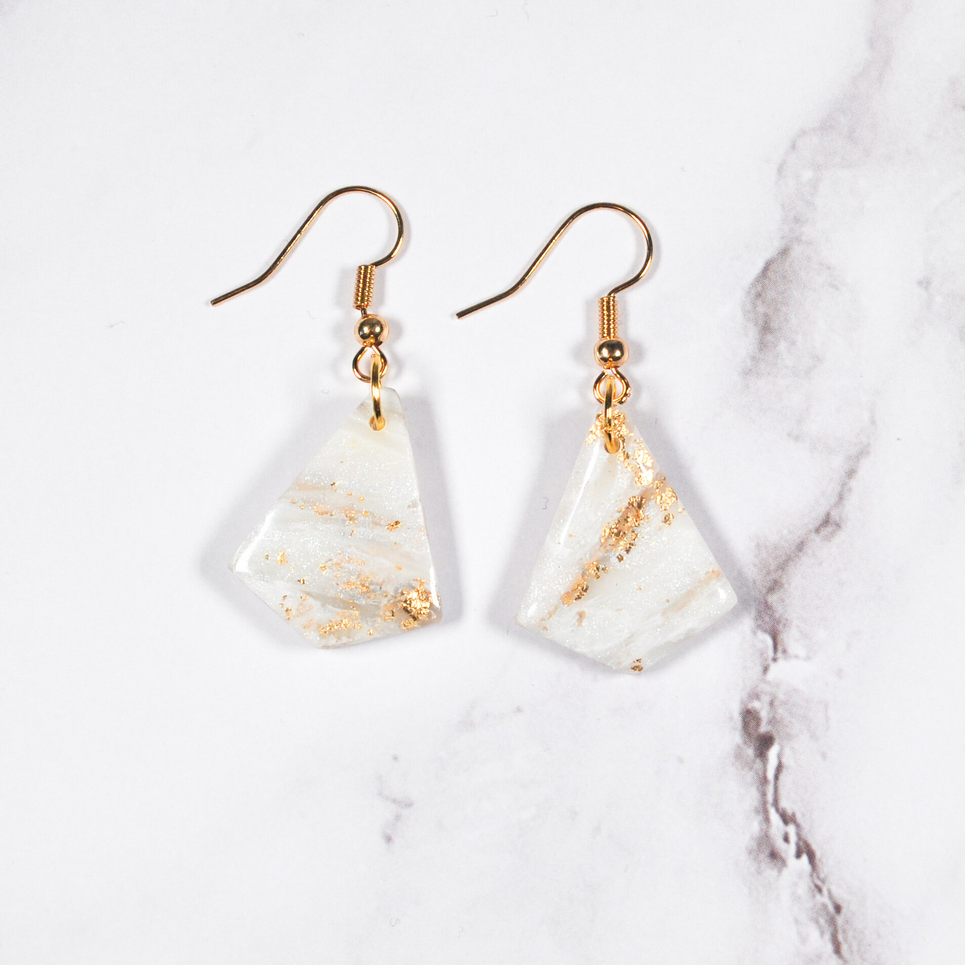 White translucent marbled earrings polymer clay