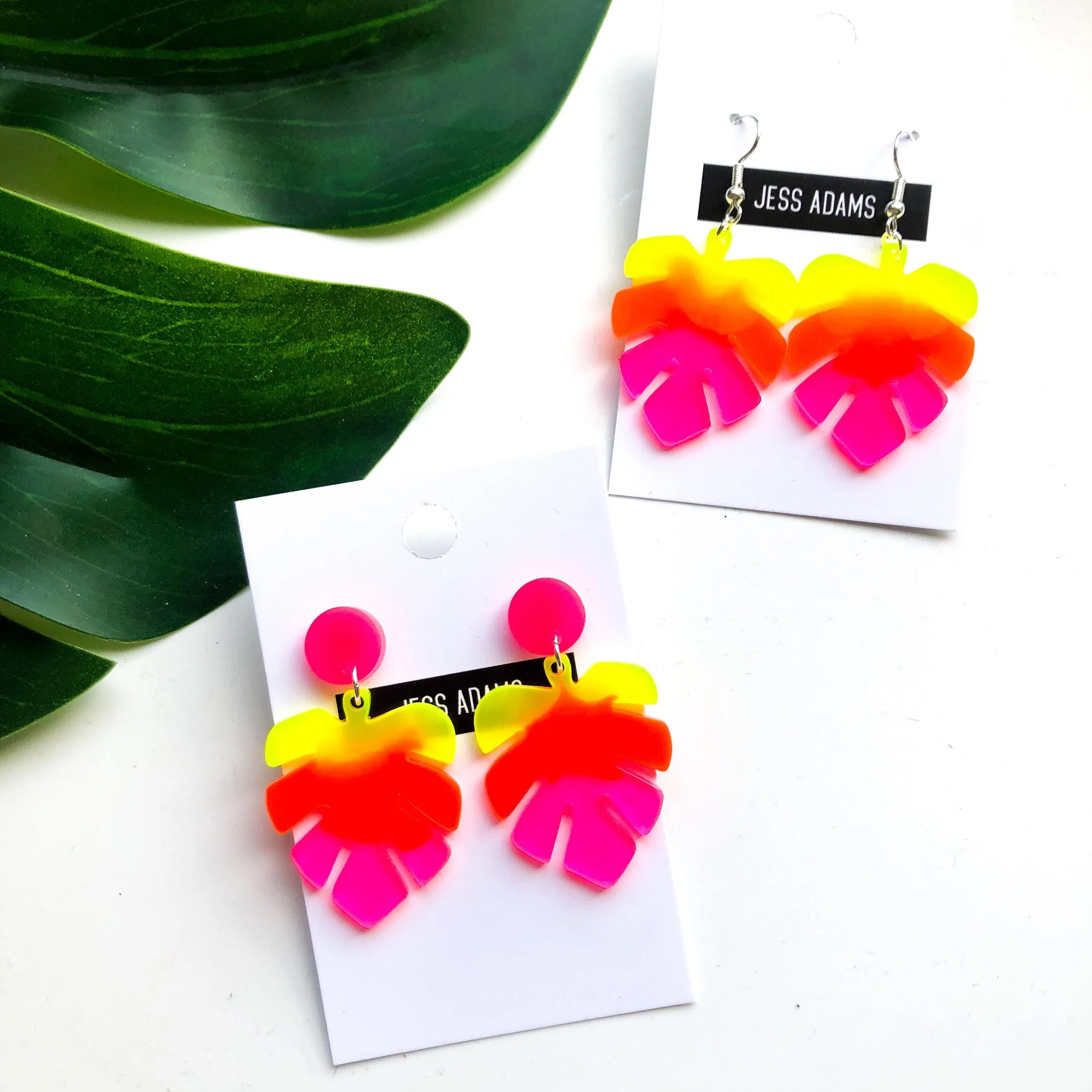 Small Neon Sunset Monstera Leaf Earrings