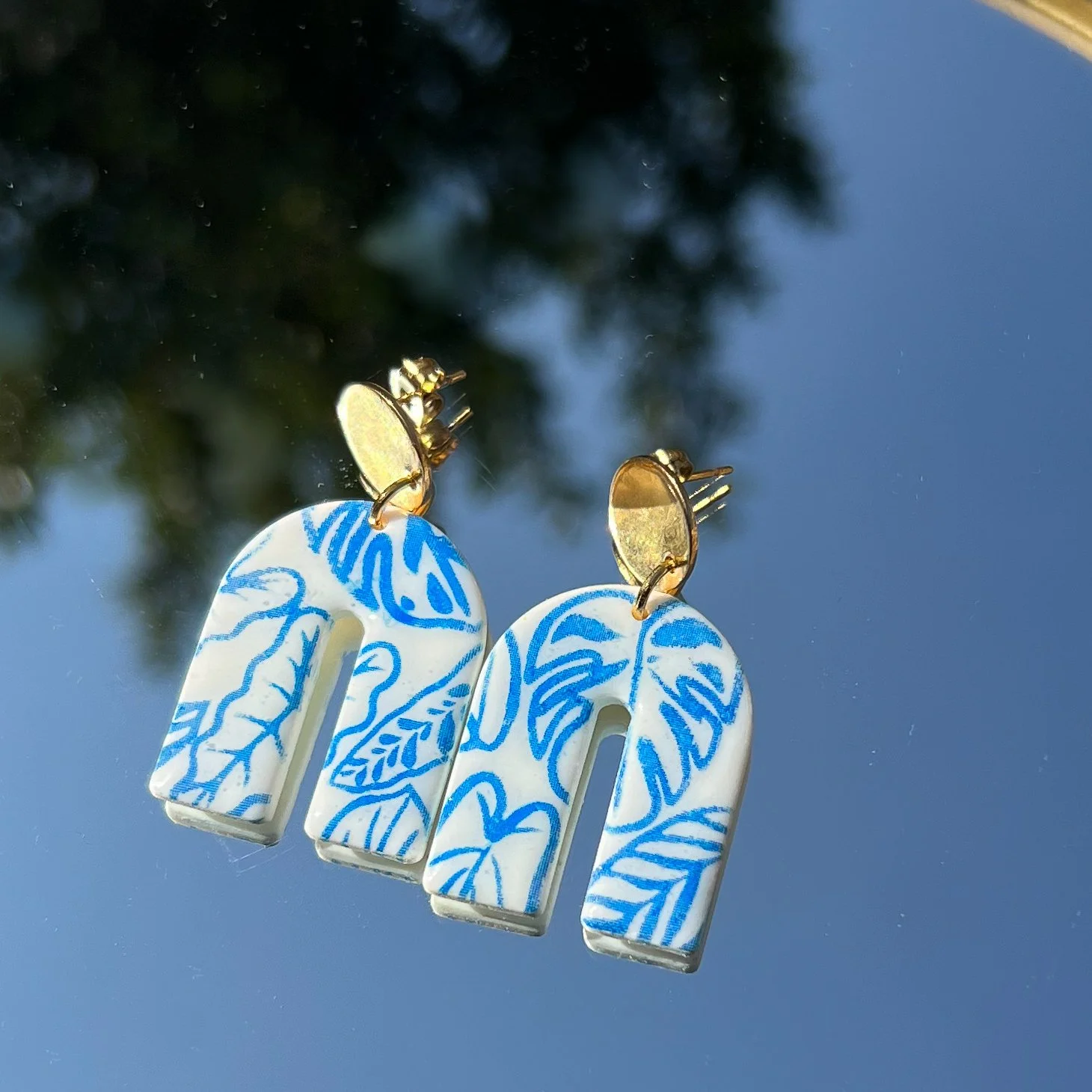 White & Blue Botanical Print Cut Out Arch Earrings
