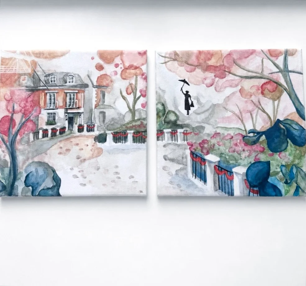 It's been a long old time since I picked up a paintbrush, but I knew I wanted to replicate these paintings that were in our room in the Grand Floridian Hotel in Florida for my best friend as soon as she saw them! Nobody is a bigger fan of Mary Poppin