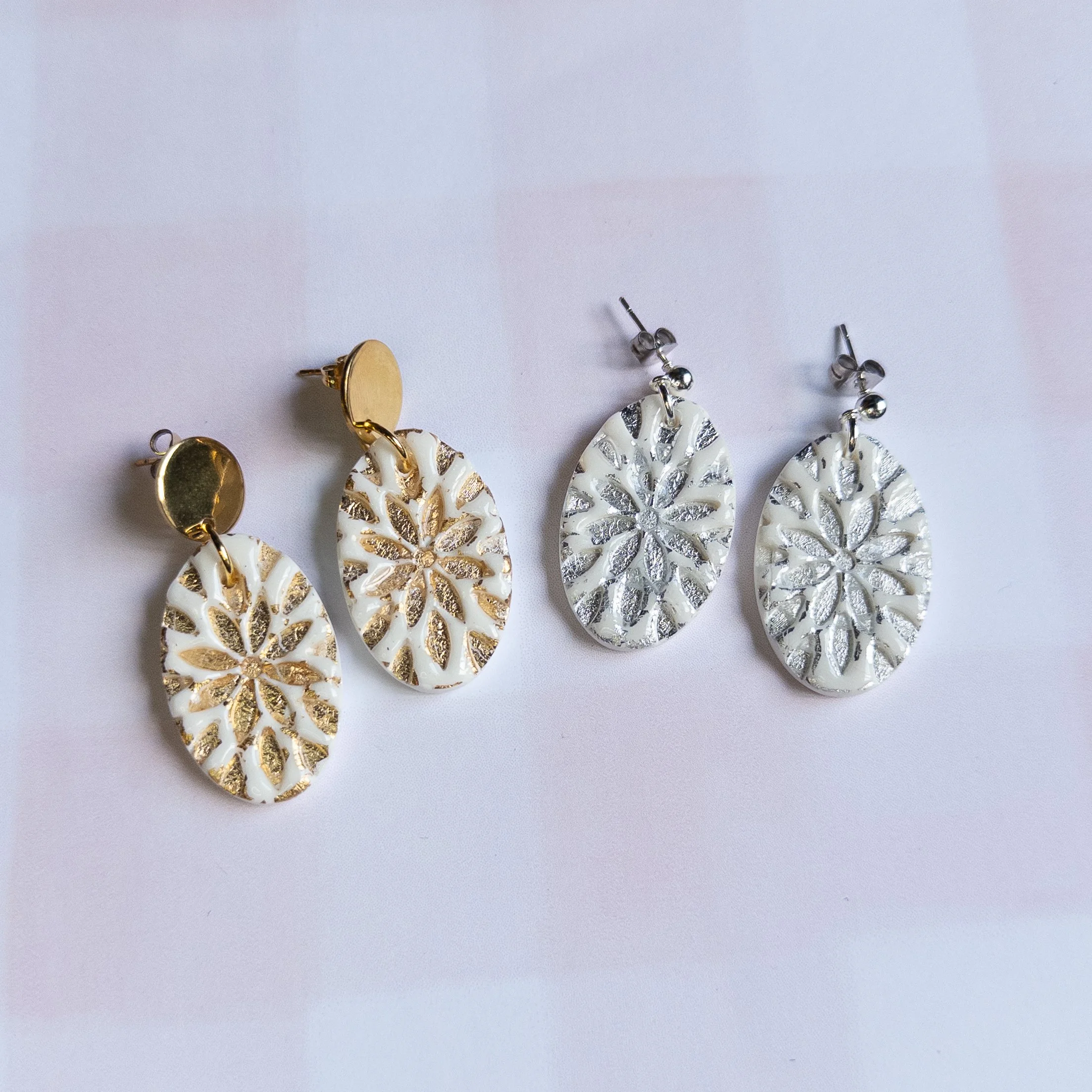 White Foil Oval Tile Earrings
