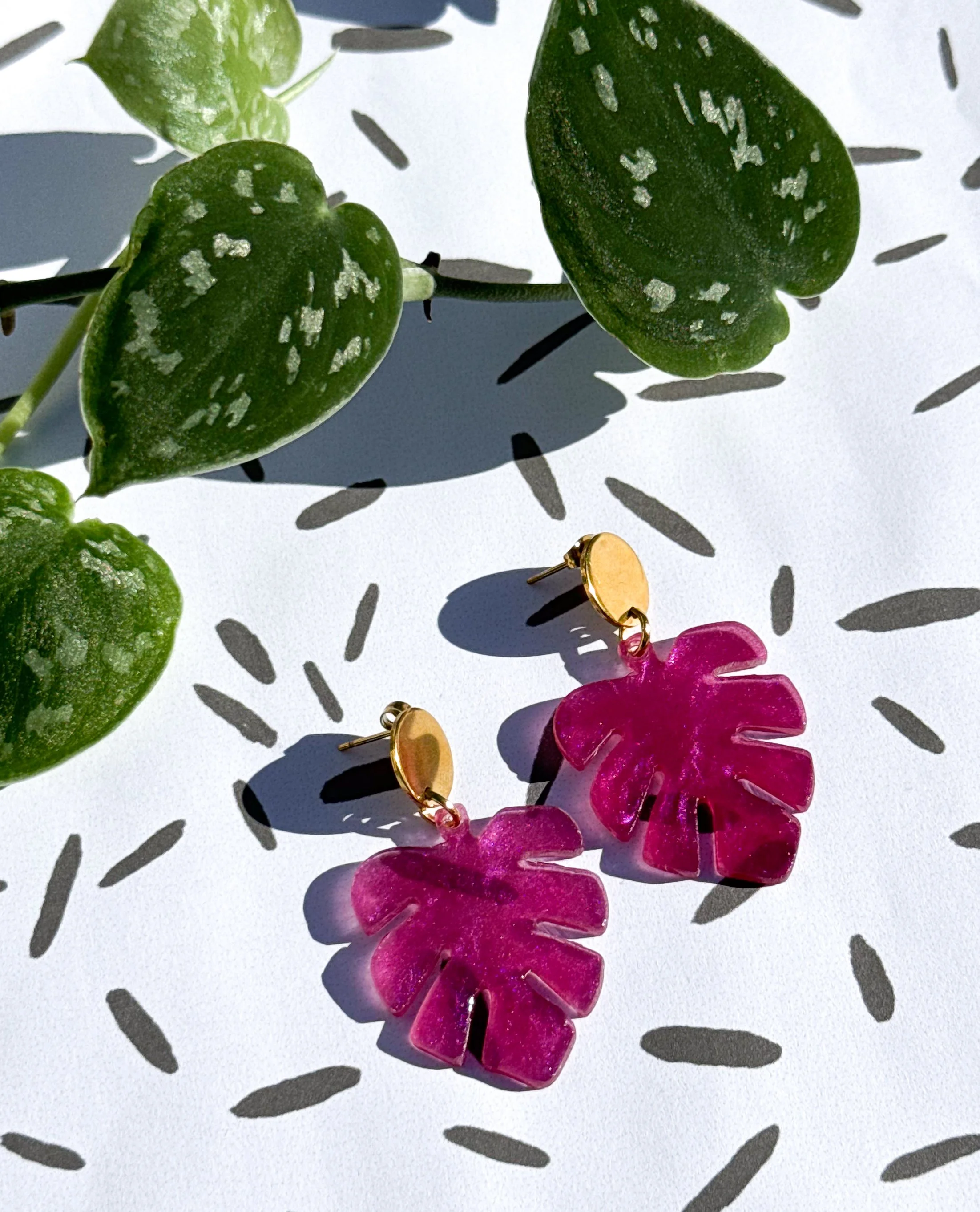 Small Deep Plum Purple Monstera Leaf Earrings