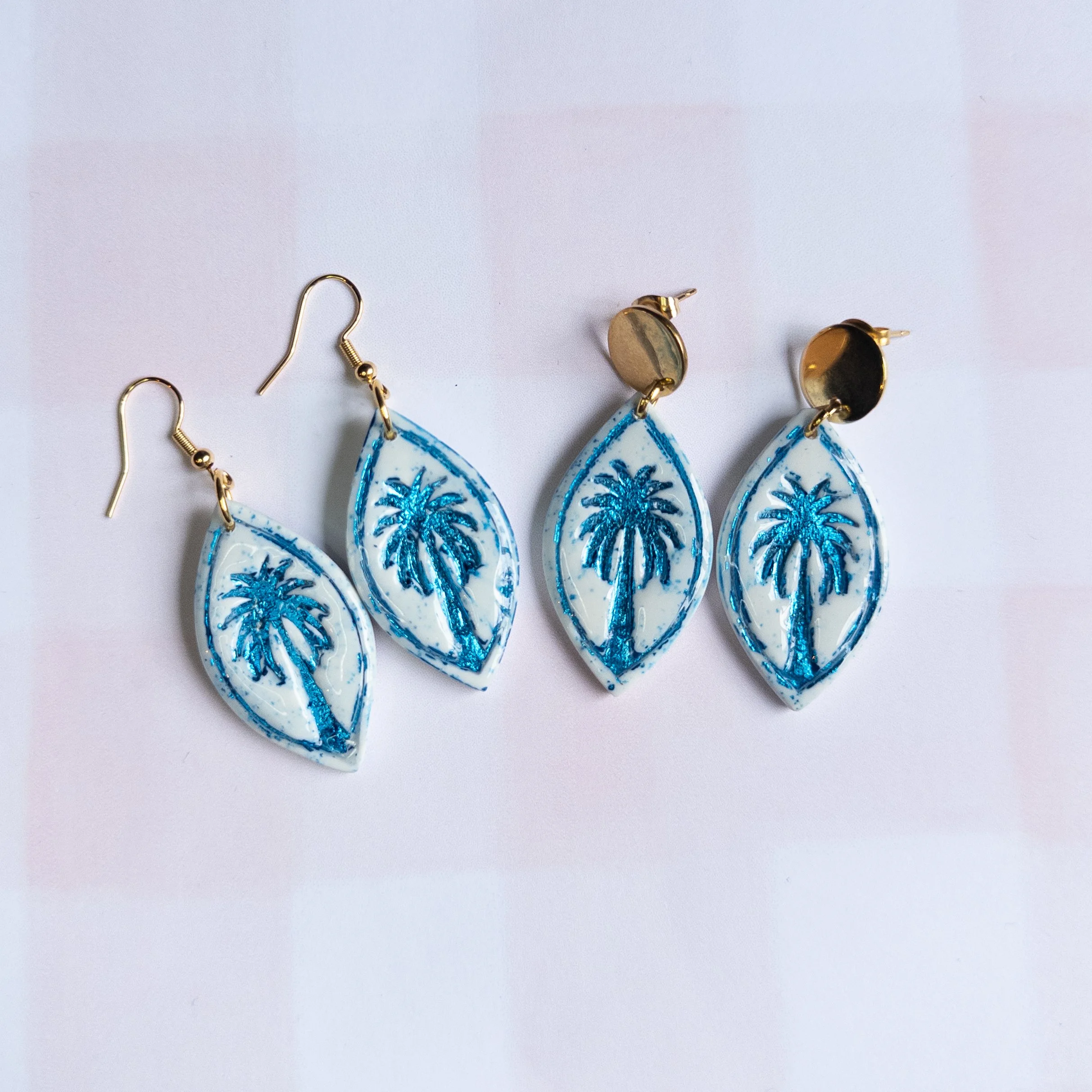 White & Blue Foil Palm Tree Earrings