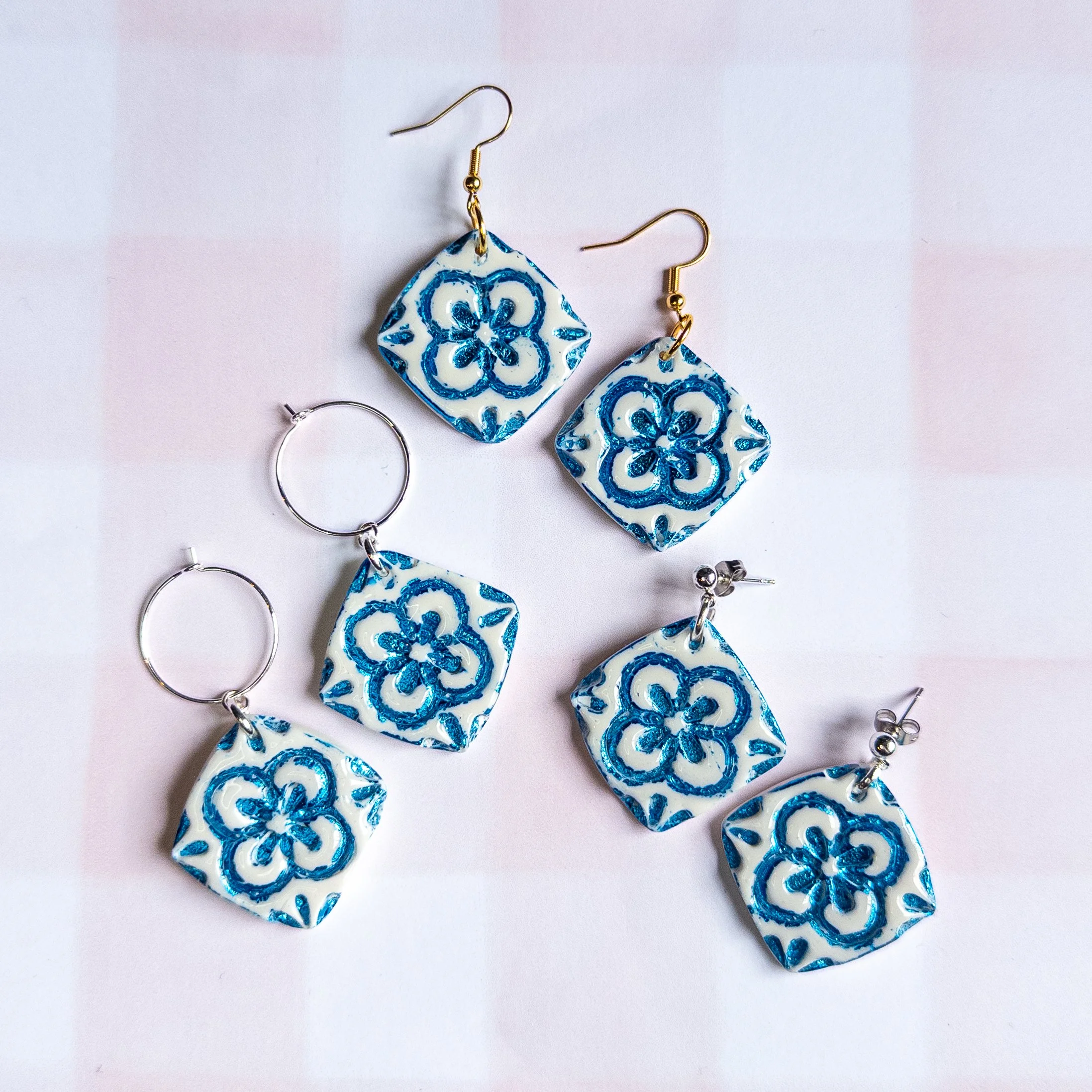 White & Blue Mediterranean Tile Earrings