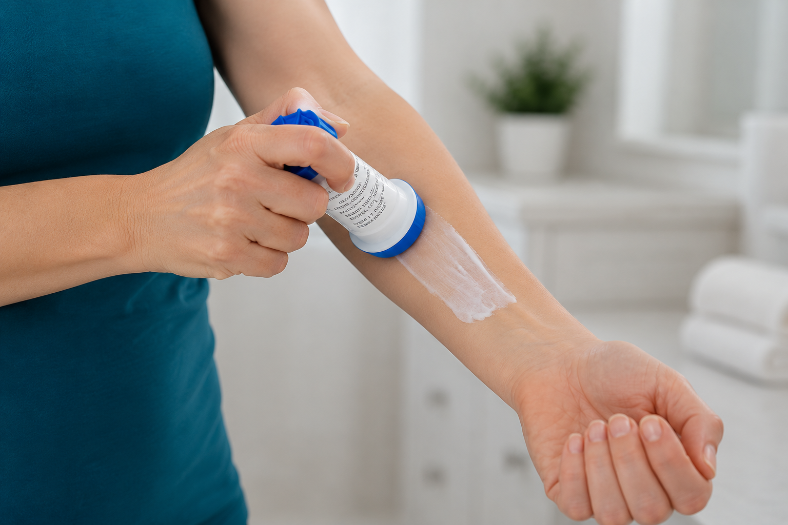 Person applying lotion or cream to their forearm in a bright, clean room.
