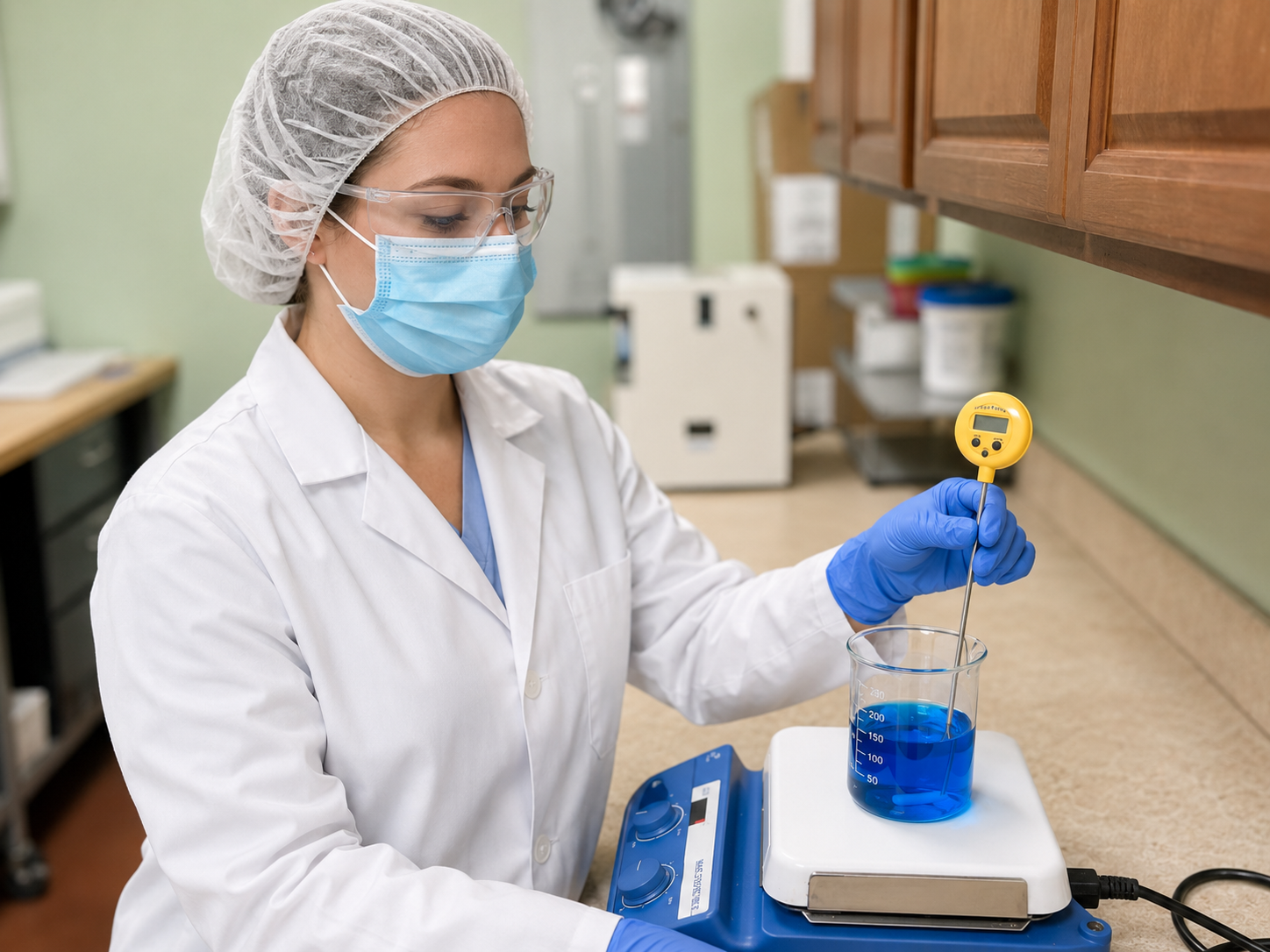A female scientist wearing a white lab coat, blue face mask, clear protective glasses, a hairnet, and blue gloves, holding a thermometer probe and measuring a blue liquid in a beaker on a digital scale in a laboratory.