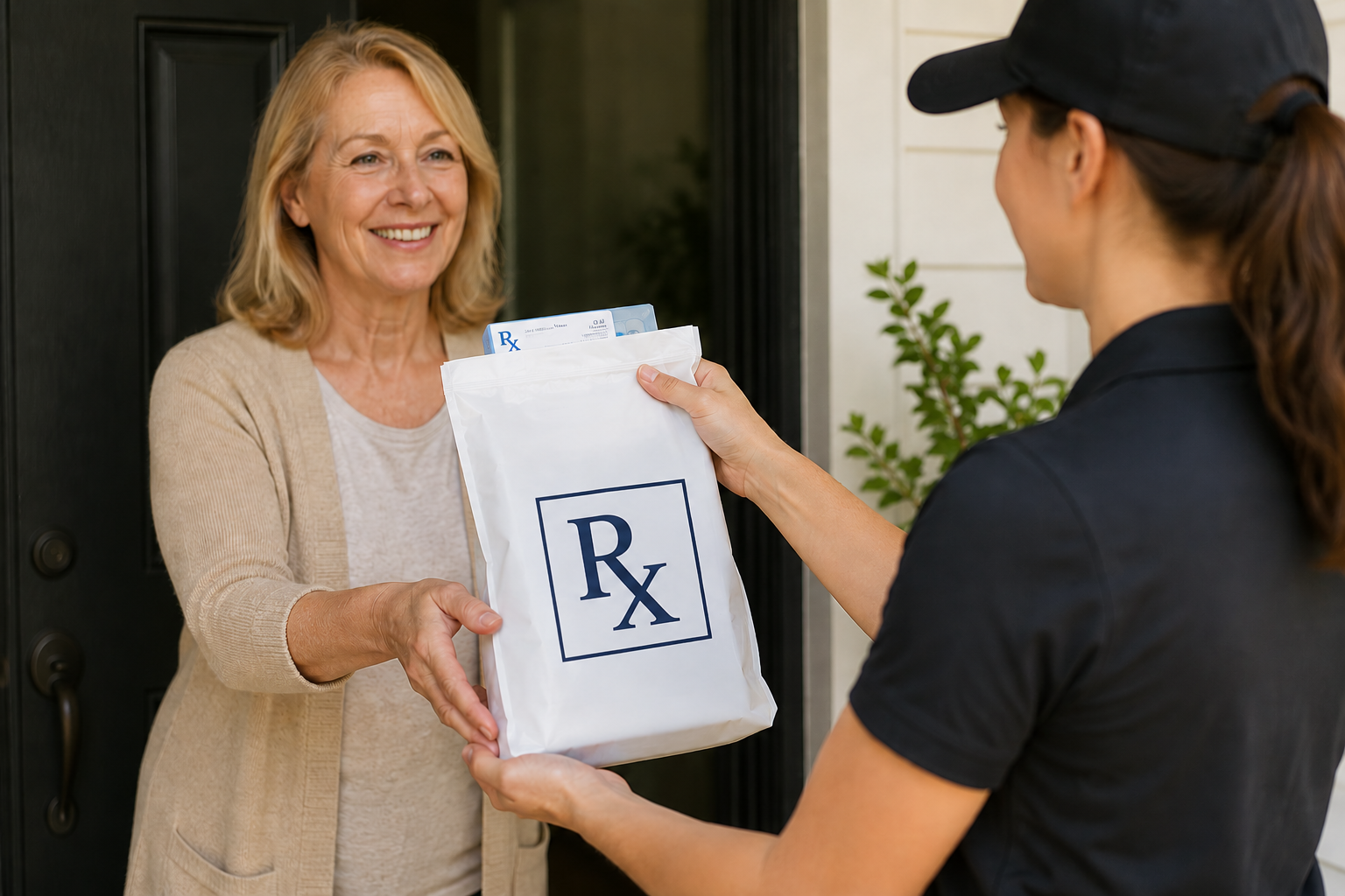 A woman in casual beige attire receives a prescription medication bag from a courier dressed in black with a cap outside a house.