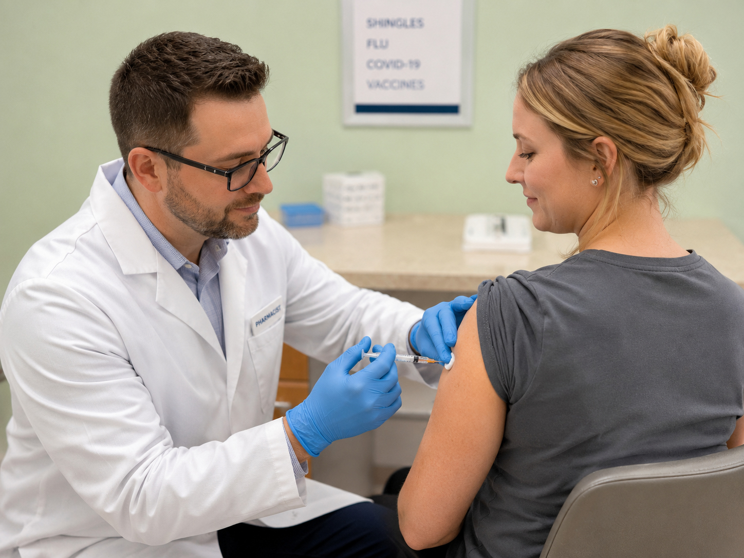A healthcare professional administering a vaccine to a woman in a medical clinic.