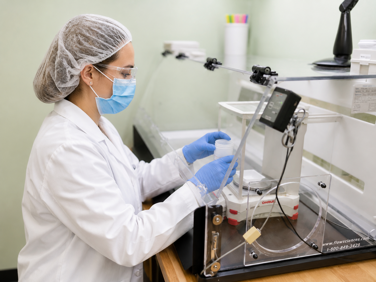 A scientist wearing a lab coat, hair net, mask, goggles, and gloves working with laboratory equipment in a clean lab environment.