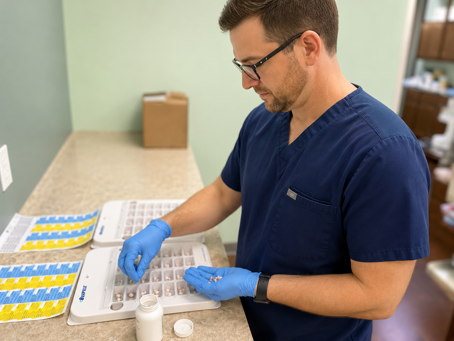 A male medical professional in navy scrubs and blue gloves sorting pills from a plastic pill organizer on a countertop in a clinical setting.