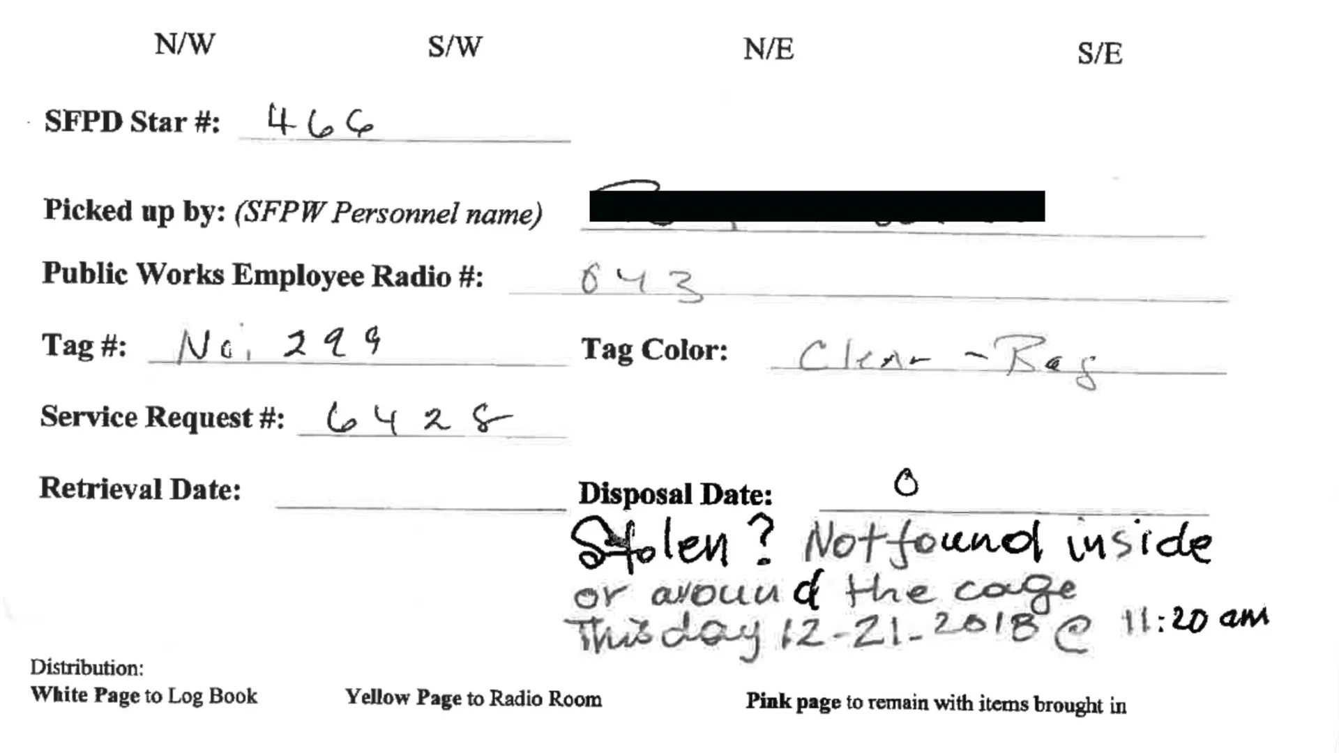 DPW “Bag and Tag”/Homeless Property Information Record. Multiple forms are marked “stolen” or “not found”, which means they are stolen while in the city’s custody. 2018.