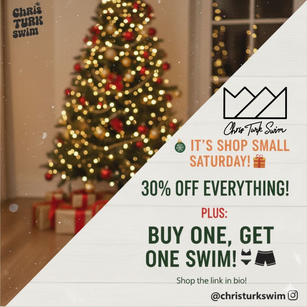 Shop Small Saturday! Stop by @christurkswim for 30% OFF everything and Buy One, Get One Swim NOW! Or Shop online at 20% OFF!