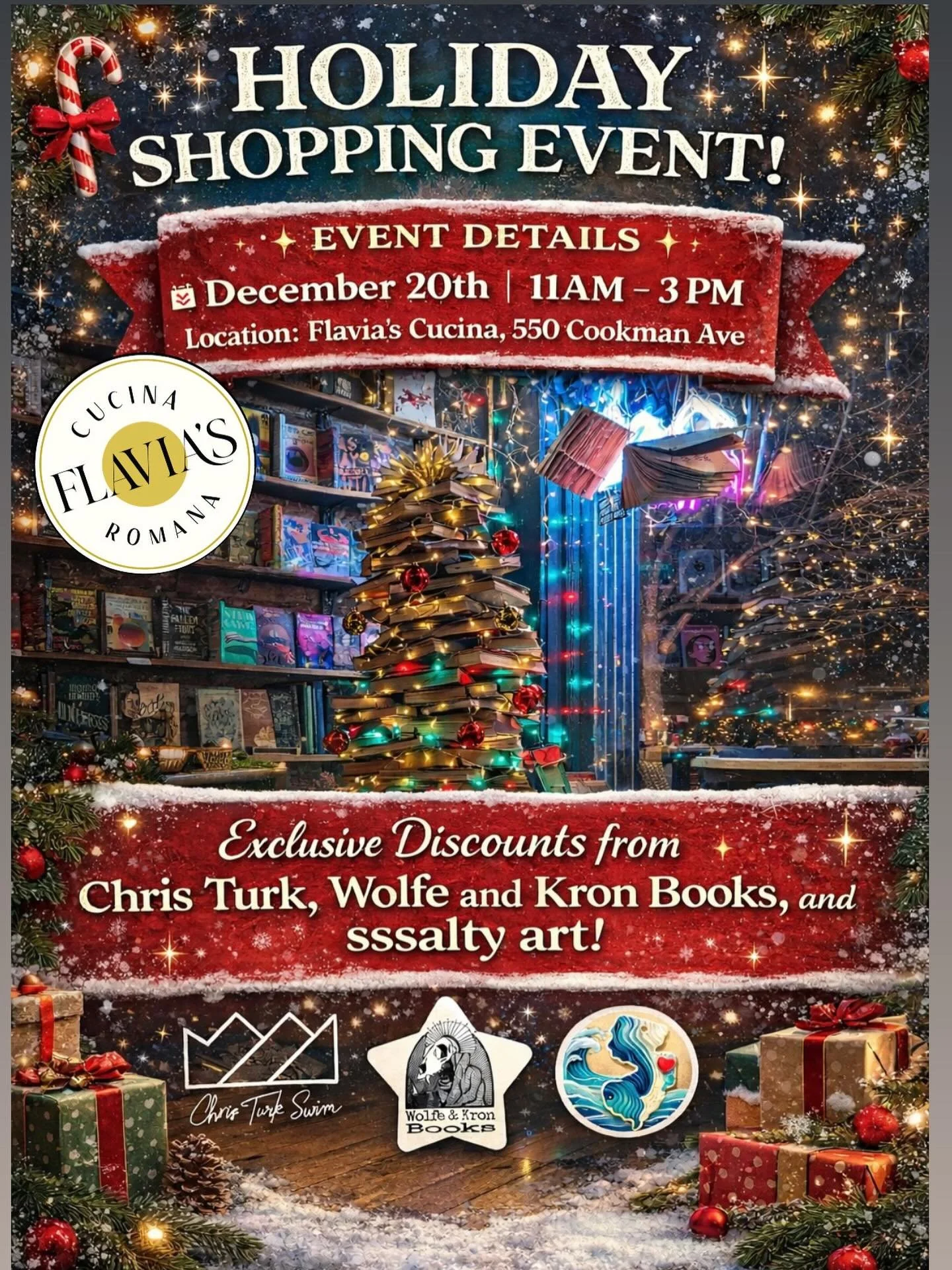 Holiday Pop Up, this Saturday @flaviascucina !
✨ EVENT DETAILS ✨ 
📅 December 20th | 11 AM &ndash; 3 PM 
📍Location: Flavia&rsquo;s Cucina, 550 Cookman Ave 
📦 Exclusive Discounts from @christurkswim , @wolfeandkronbooks , and @sssaltyart! 
Happy Hol