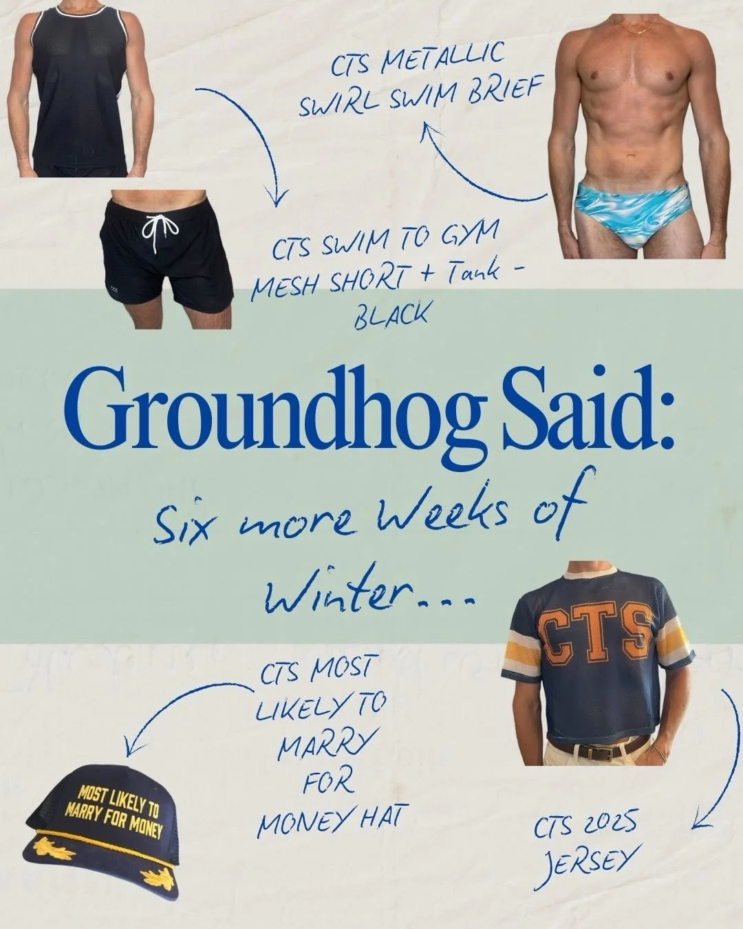 Groundhog said: 6 more weeks of winter.
We said: screw that.

We&rsquo;re chasing warmer days, even if we have to layer for them.

Mesh tanks. Metallic swirl swim briefs. Swim-to-gym shorts. Striped wide-leg pants. Jerseys. Beach totes.

Boardwalk en