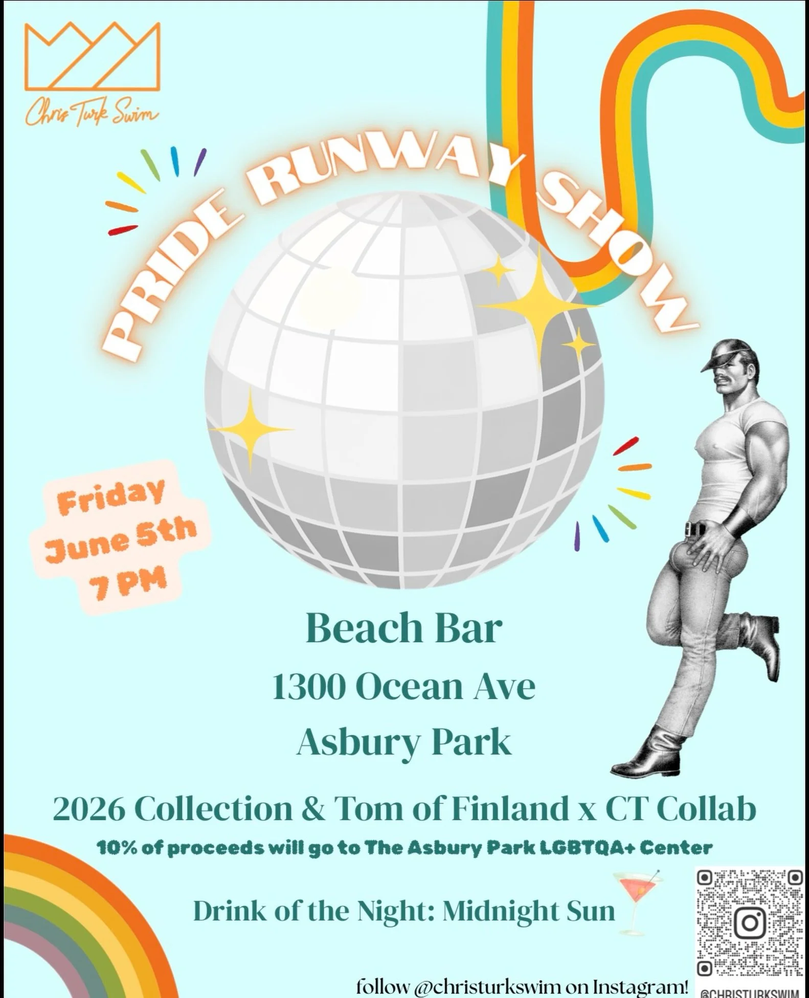 UPGRADE: @christurkswim will be presenting his 2026 Collection + premiering his exclusive @tomoffinlandfoundation collab on #pride Friday June 5th 7PM at @beachbarasbury !

10% of proceeds will be donated to @thecenterinasburypark &hearts;️

See you 