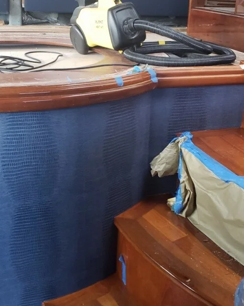 Navy leather wall covering with an embossed lizard skin texture installed in the pilot house today by the very amazing Jose! Very cool vibe for captain Mario’s new pilot house onboard M/Y Venetian @karenlynn_yachtinteriordesign #yachtrefit #yachting #yachtdesign #yachtdesigner #yachtbroker #yachtbuilder #yachtlover #yachtinteriors #charteryacht #yachtcharter #yachtstyle #yachtstylist #refit #shipyard #yachtlife #yachtmaster #therefitdiaries #yacht #yachts