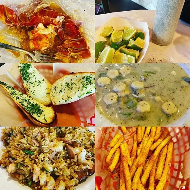 Finally made it to this place. So delicious. #lobster #clamchowder #cajunfriedrice #garlicbread #limesaltandpepper for dipping and #cajunfries