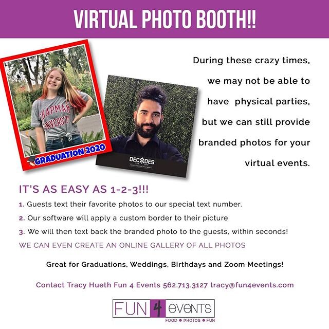 Check out one of our latest offerings, a Virtual Photo Booth. Perfect for any virtual event, party, meeting, cocktail hour. The guest texts in a photo, we apply a branded template and send it back. Super easy and fun. #zoom #zoommeeting #zoomchalleng