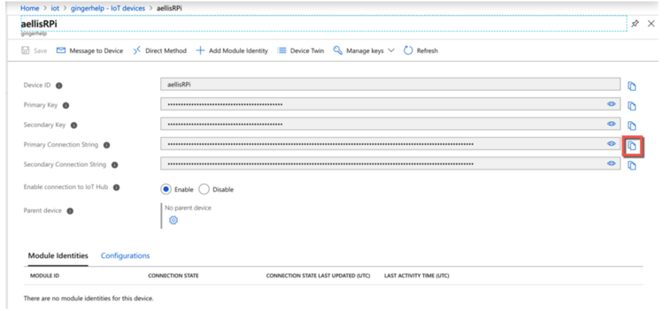 GingerHelp screenshot of step 3 of setting up Azure as an IoT hub, setting up connection strings.