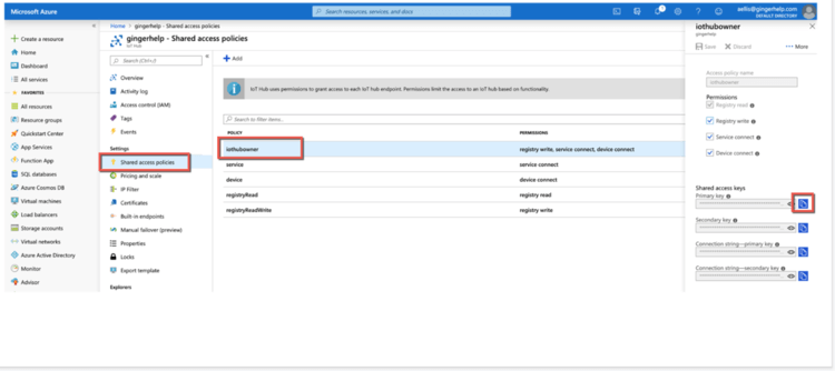 Screenshot of IoT Hub in Azure, showing how to get the shared access key for connecting IoT to Epicor.