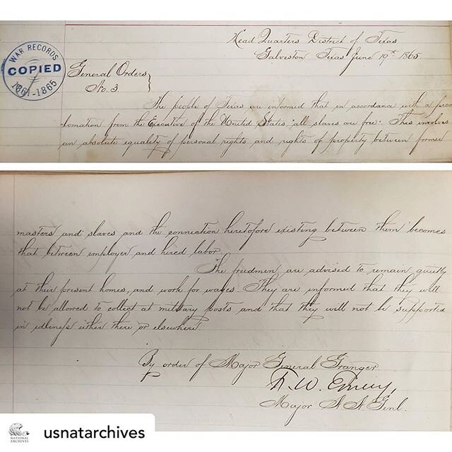 This is a photograph of the original 1865 #juneteenth order. Happy Juneteenth.
&bull;
Posted @withregram &bull; @usnatarchives National Archives News staff writer Mike Davis was working on an article about Juneteenth when he wondered if the agency ha