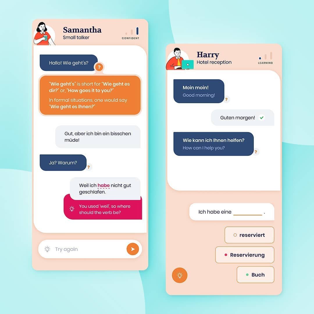 Daily UI Challenge 013 : Instant Messaging
.
While I've been learning German with apps, and in class, I've always thought about how I could make the experience better.
This concept for a language learning chat bot shows different levels of learning, 