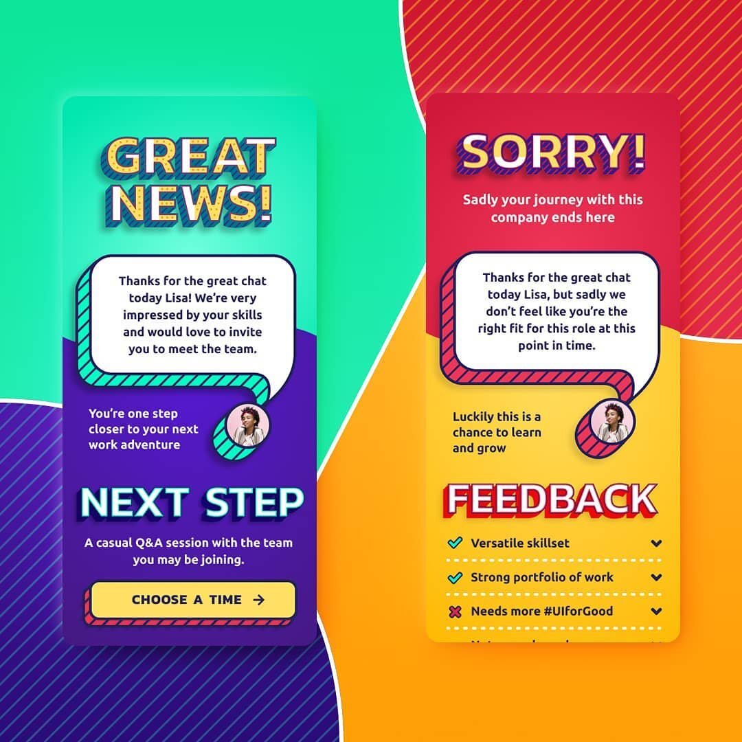 Daily UI Challenge 011 : Flash Message
.
Could the job interview process provide suitable feedback while still being convenient for the HR personnel?
Inspired by a LinkedIn post I saw recently about putting the 'human' back in Human Resources, and re