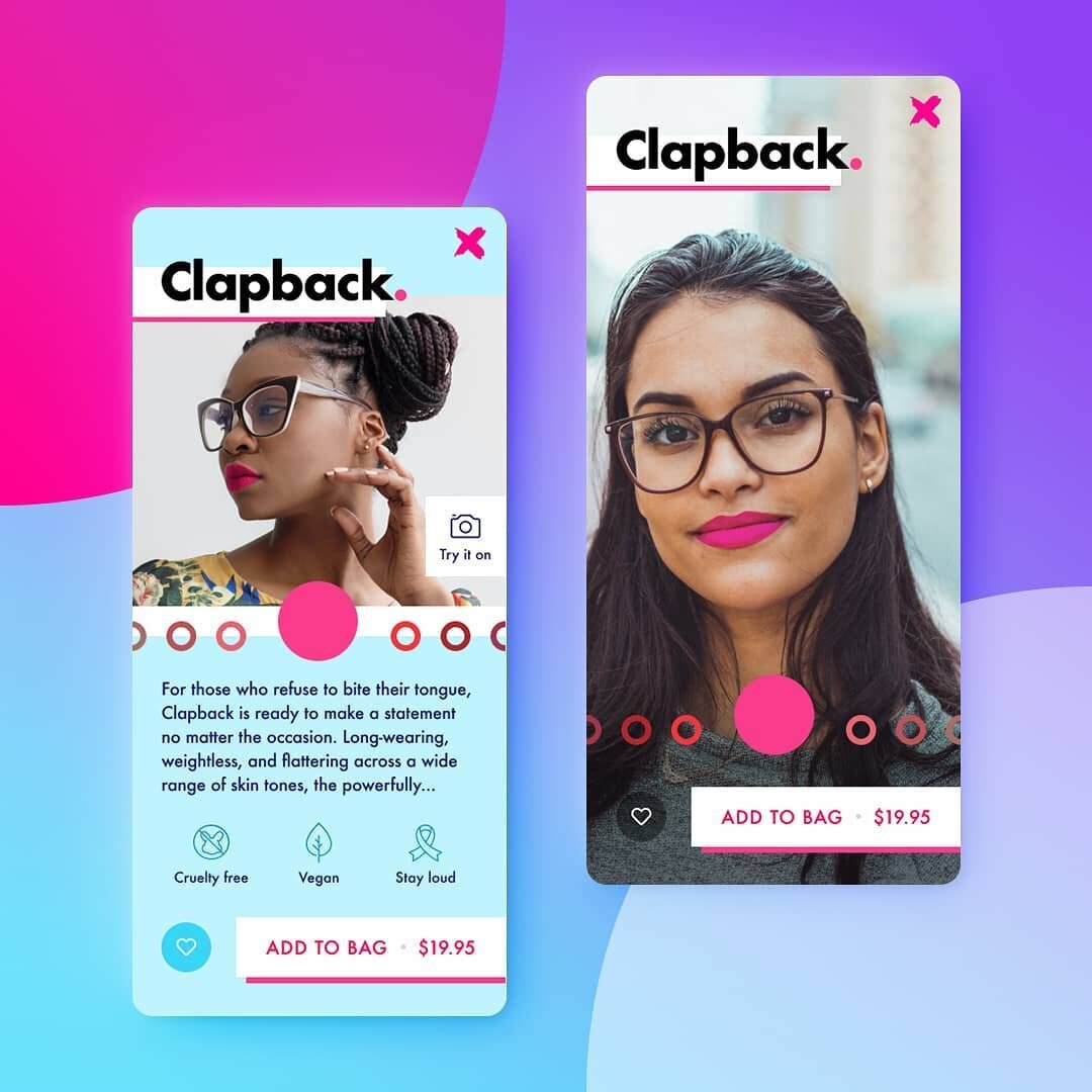 Daily UI Challenge 012 : E-Commerce Shop (Single Item)
.
AR could be utilised to help find the perfect lipstick shade. Even better when it's paired with a brand like @lipslut who donate profits towards women's issues.
.
#dailyui #dailyuichallenge #ui
