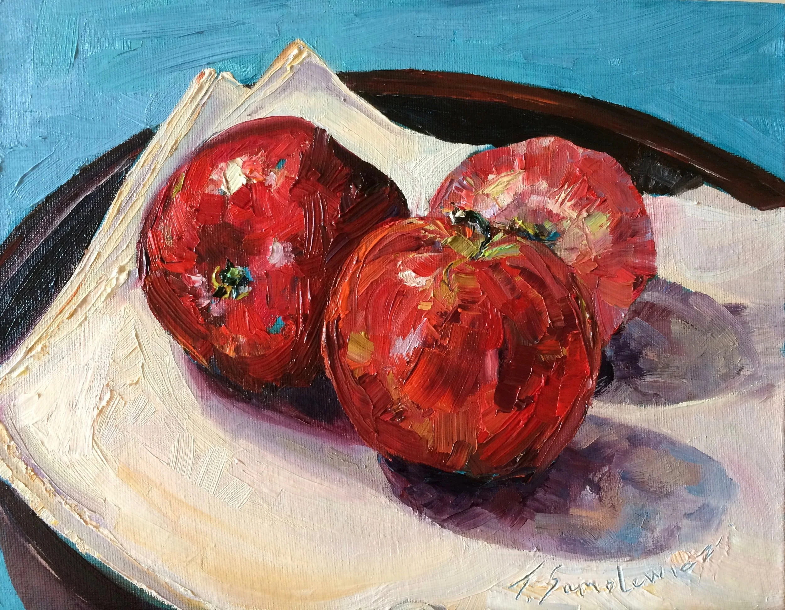 Teresa Samolewicz Art. Three Apples in a Wooden Bowl. Oil on Board. 8%22 x 10%22. .jpg