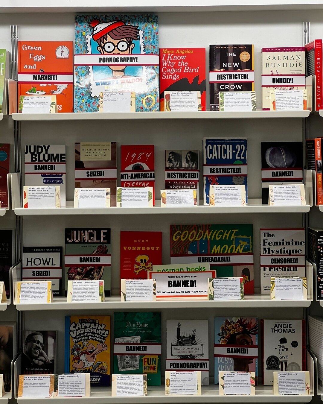 At our @chelseamarketny location, during the month of April, we like to turn our staff picks to highlight some of our favorite books that have been banned our restricted in the US. Each corresponding card explains where and why each book was banned, 