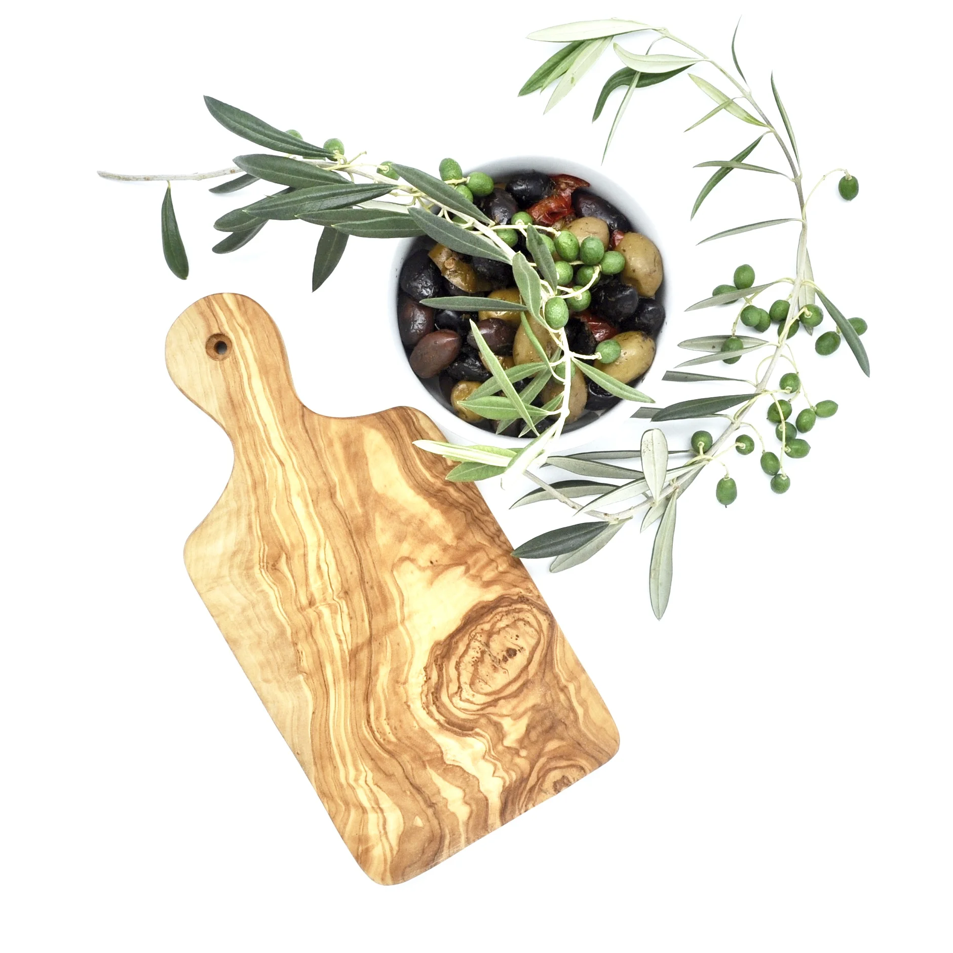 Julio Petrini's Olive Wood paddle board, olives, olive branches