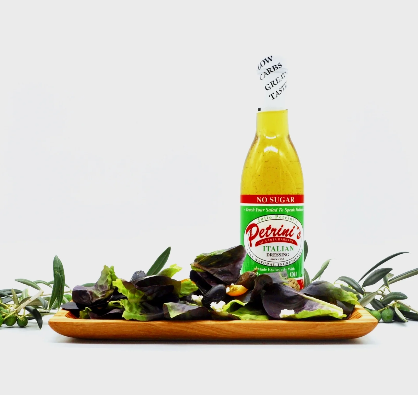 Julio Petrini's Original Italian Salad Dressing, rectangular plate, olive wood, salad