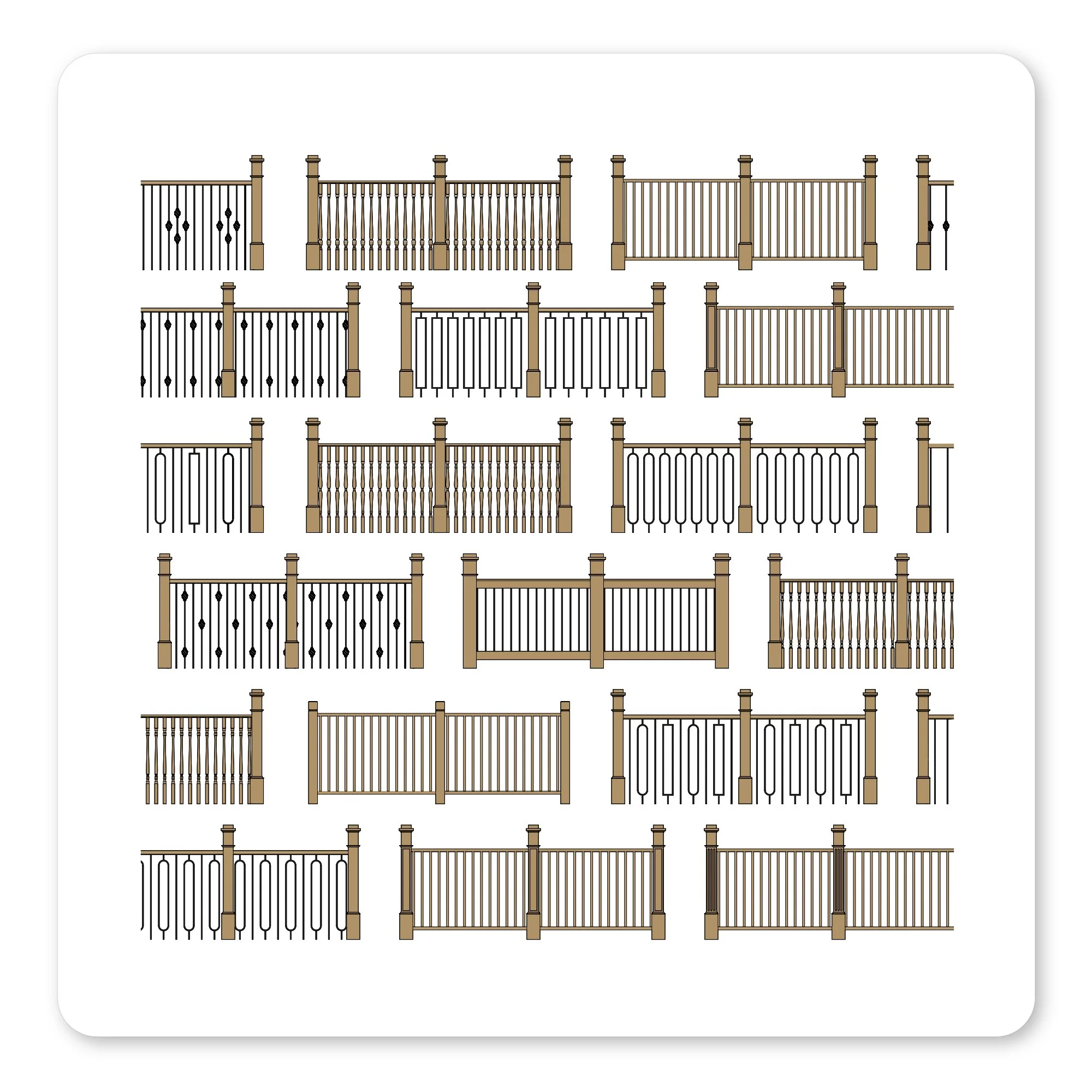 Large array of Residential Revit Railings with optional balusters and spindles and handrail profiles and newel posts.