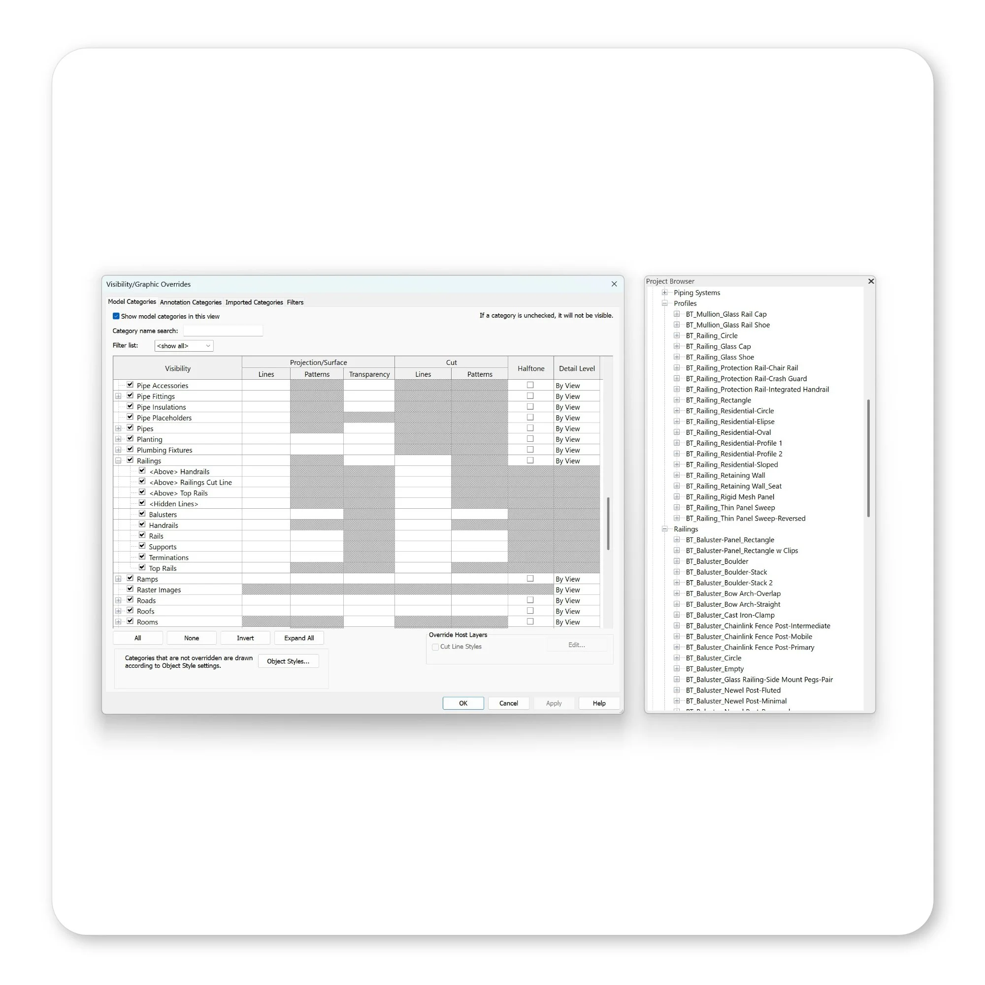 Clean and clearly labeled and structured Revit railing family sub category object styles and family and family type naming standards.