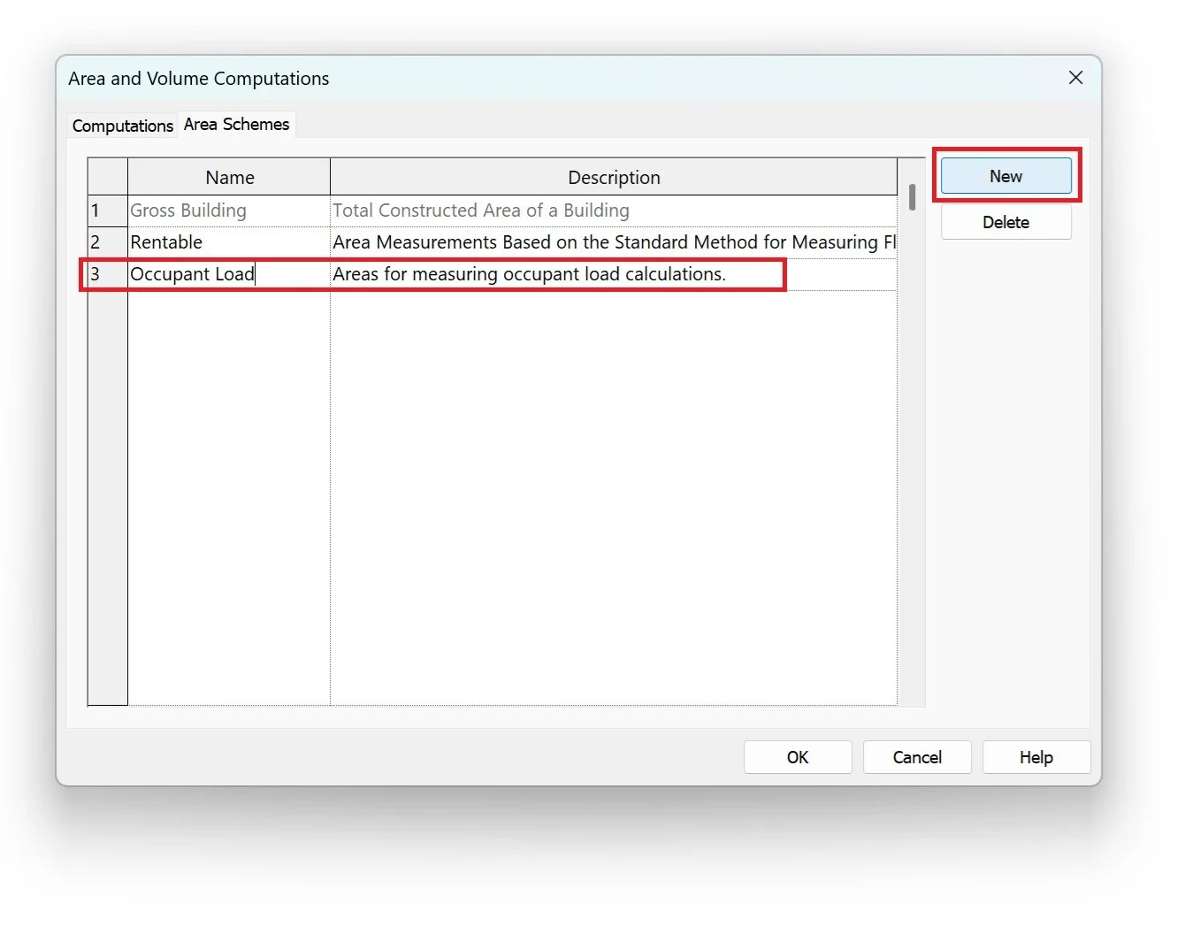 Area and Volume Computations dialog in Revit to create area schemes for area plans