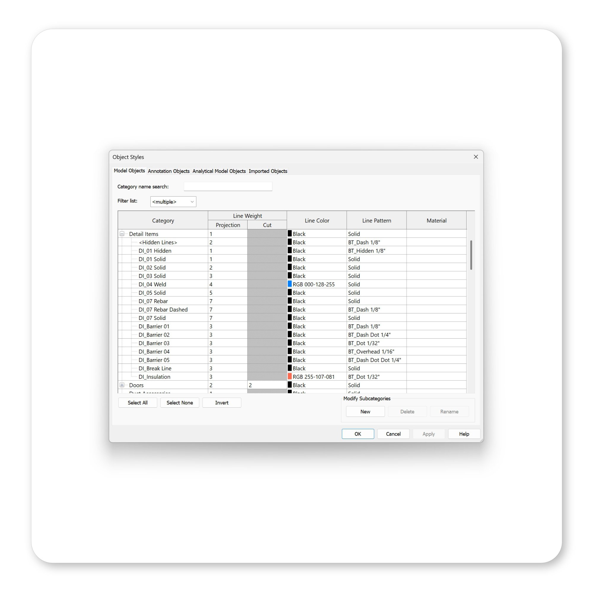 Revit object styles for detail item sub categories and graphical adjustments