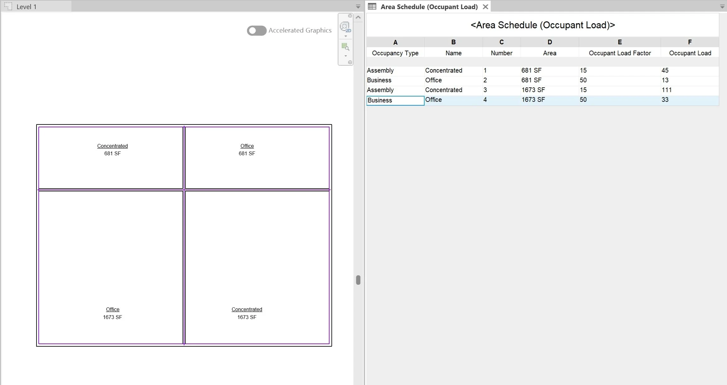 Revit area plan and schedule for calculating occupant load calculations update based on model changes.